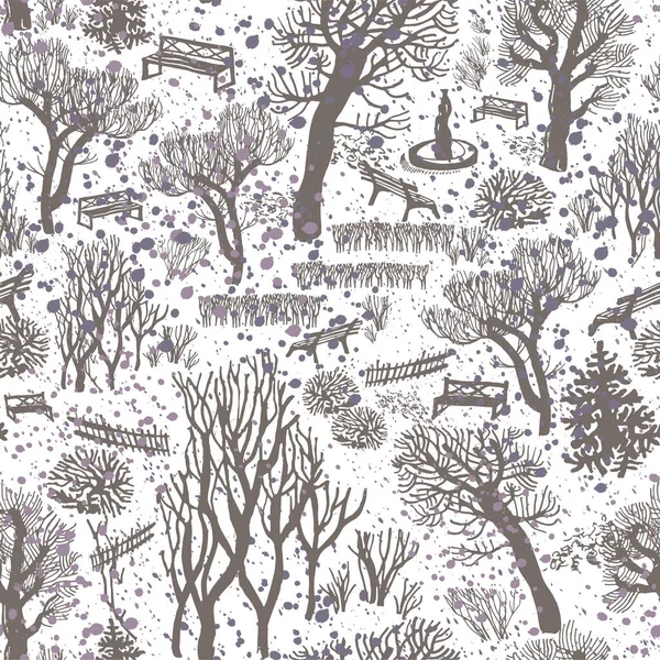 Winter snowfall landscape with silhouettes of trees on white background.