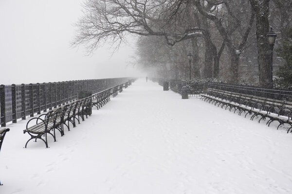 View of Brooklyn Heights Promenade filled with snow accumulation during early stage of winter blizzard