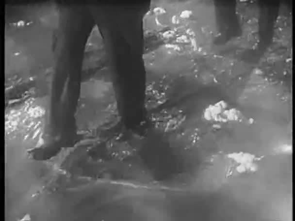 Männer gehen durch überflutetes Feld — Stockvideo