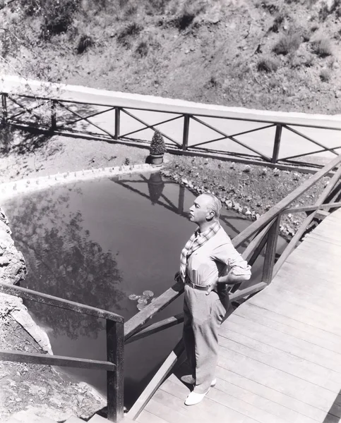Mann steht auf Brücke mit Blick auf Teich — Stockfoto