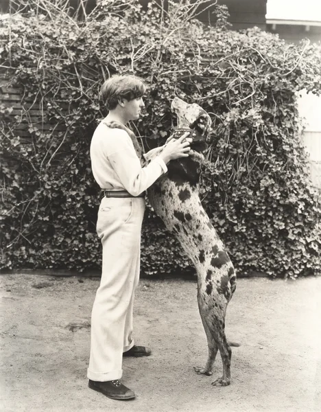 Homme et chien debout sur la jambe arrière Photo De Stock