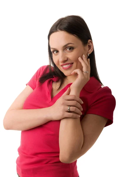 Mujer joven bonita con camisa roja o rosa aislada sobre fondo blanco — Foto de Stock