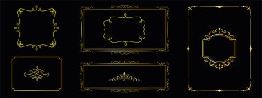 Siyah zemin, lüks vintage sınırlar ve zenginlikler üzerine kurulu zarif altın süslemeler, davetiyeler için dekoratif etiketler, markalar, ambalajlar, sertifikalar ve premium tasarım şablonları.