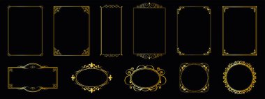 Klasik dekoratif kenarları, kaliteli kaliteli ürünleri ve lüks tasarım unsurlarını içeren zarif altın çerçeve vektör seti, davetiyeler, markalaşma, ambalaj ve premium grafik projeleri için mükemmeldir.