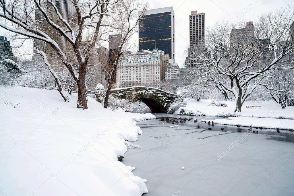 Gapstow Bridge in Central Park  in winter after snow storm