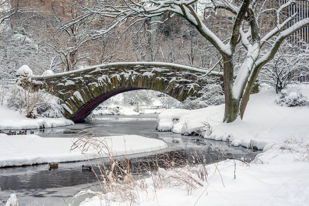 Gapstow Bridge in Central Park  in winter after snow storm