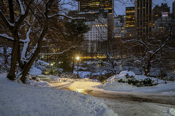 Central Park in winter after snow storm with lots of snow