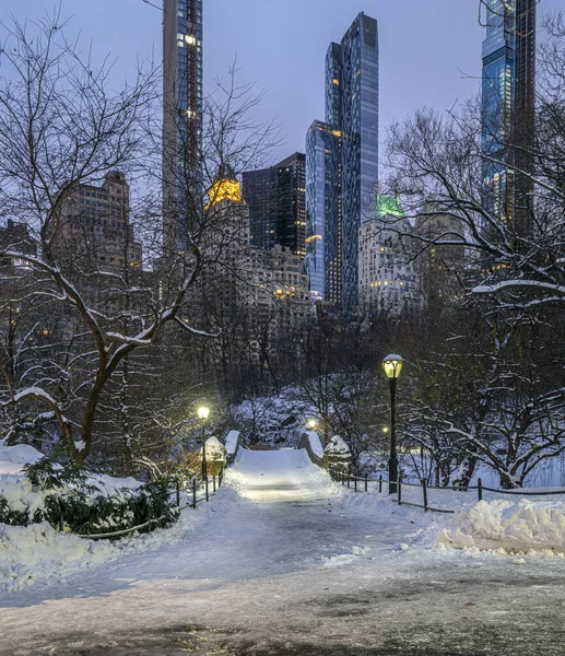 Ponte Gapstow Central Park Inverno Durante Tempestade Neve — Fotografia de Stock