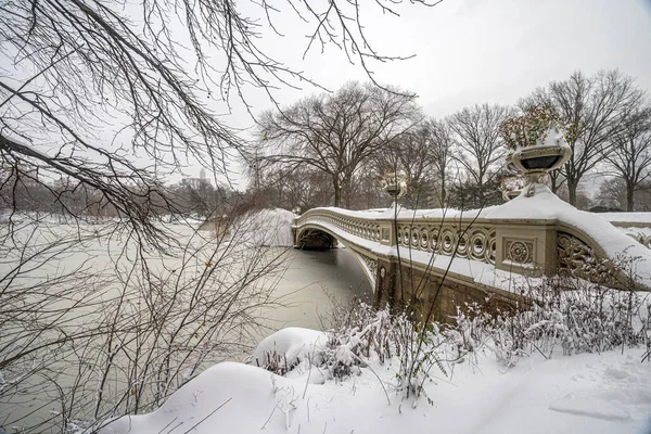 Bow Bridge Central Park New York City Bei Schneesturm — Stockfoto