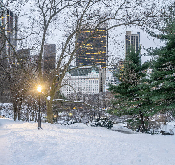 Central Park in winter during snow storm at bow bridge
