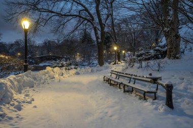 Central Park 'taki Gapstow Köprüsü. Sabahın erken saatlerinde büyük bir kar fırtınasından sonra.