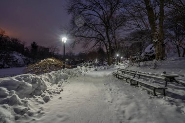 Central Park 'taki Gapstow Köprüsü. Sabahın erken saatlerinde büyük bir kar fırtınasından sonra.