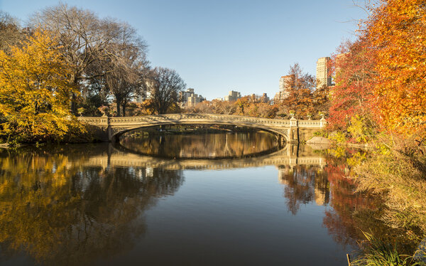 The Bow Bridge is a cast iron bridge located in Central Park, New York City, autumn in early morning