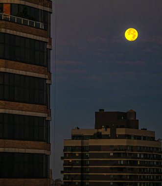 Manhattan 'ın yukarı doğu yakasından Central Park' ı dolunay ile geçerken görüntüle