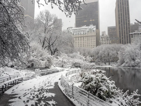 Gapstow bridge Central Park i New York under snöstorm — Stockfoto