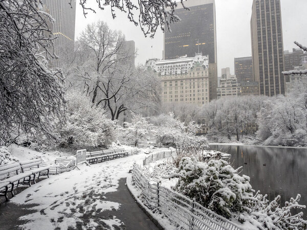 Gapstow Bridge is one of the icons of Central Park, Manhattan in New York City during blizzard