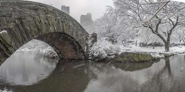 Gapstow 在暴风雪期间的纽约中央公园，市桥 — 图库照片