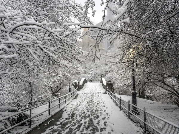 Ponte Gapstow Central Park, Nova Iorque durante tempestade de neve — Fotografia de Stock