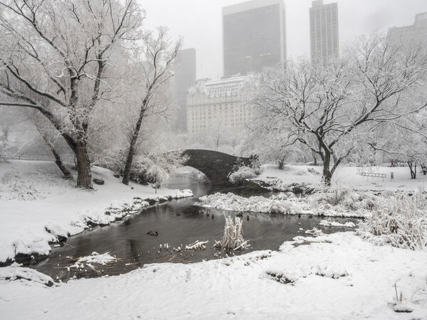 Gapstow Bridge is one of the icons of Central Park, Manhattan in New York City during blizzard