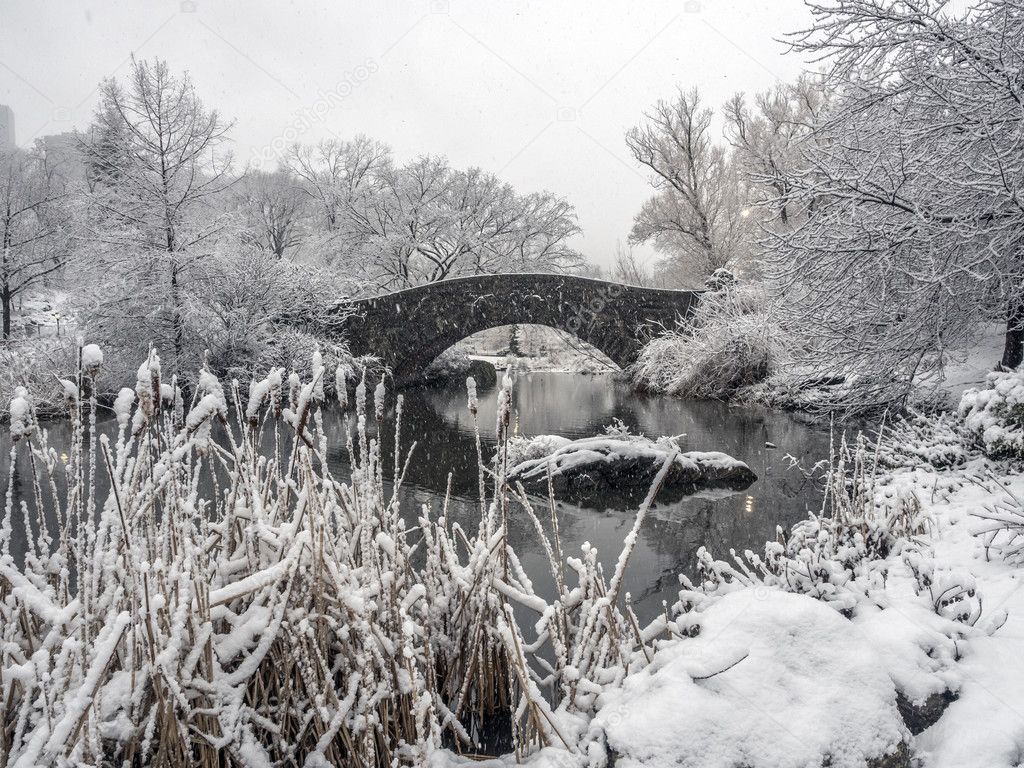 Gapstow bridge Central Park, New York City during snow storm