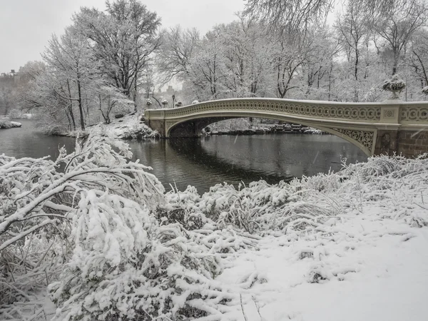 Bow most během sněhové bouře — Stock fotografie