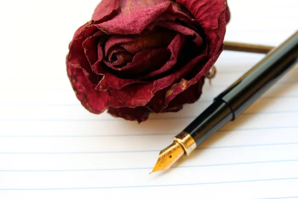 Escrever uma carta com uma rosa — Fotografia de Stock