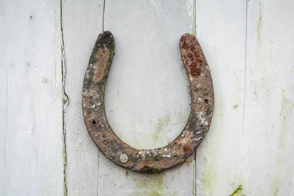 Herradura Oxidada Una Vieja Puerta Madera Envejecida Reino Unido — Foto de Stock