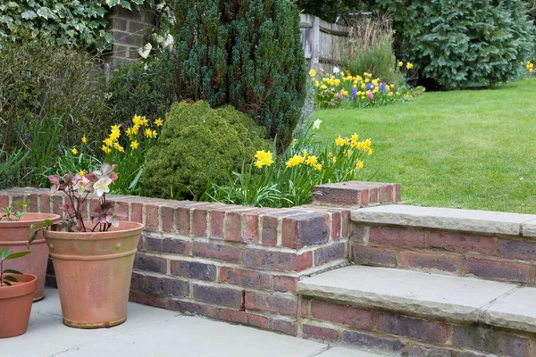 Garden scene in early spring with flowers and borders in England, UK — Stock Image Garden Scene Early Spring Flowers Borders England Stock Picture
