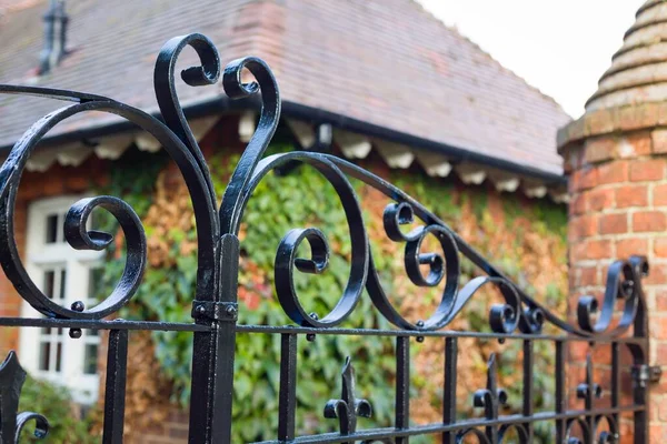 Wrought Iron Gates Closeup Closed Black Metal Gates Country Manor — Stock Photo, Image