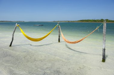 Empty Net Hammocks Tropical Brazilian Beach Sea clipart