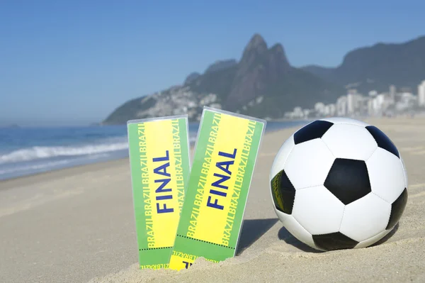 Two Brazil Final Tickets Football Soccer Ball Beach — Stock Photo, Image