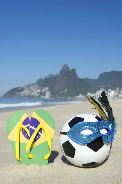 Carnival Mask Soccer Ball Football and Flip Flops on Beach Brazil — Stock Photo, Image