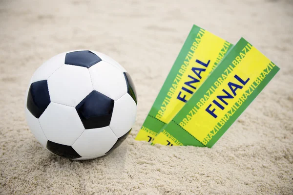 Two Brazil Final Tickets Football Soccer Ball Beach — Stock Photo, Image