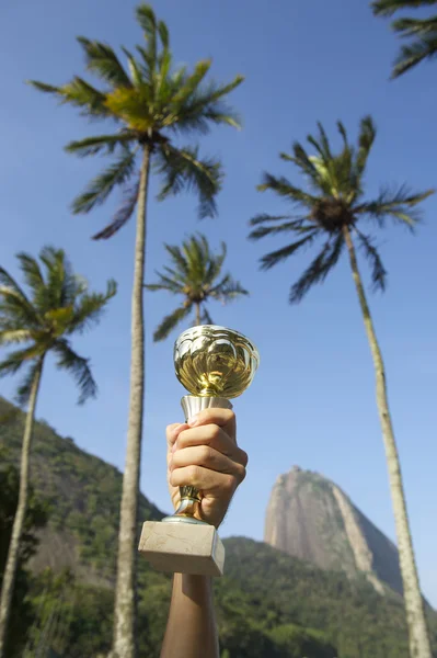 Hand Holding Trophy Rio de Janeiro Skyline — 图库照片