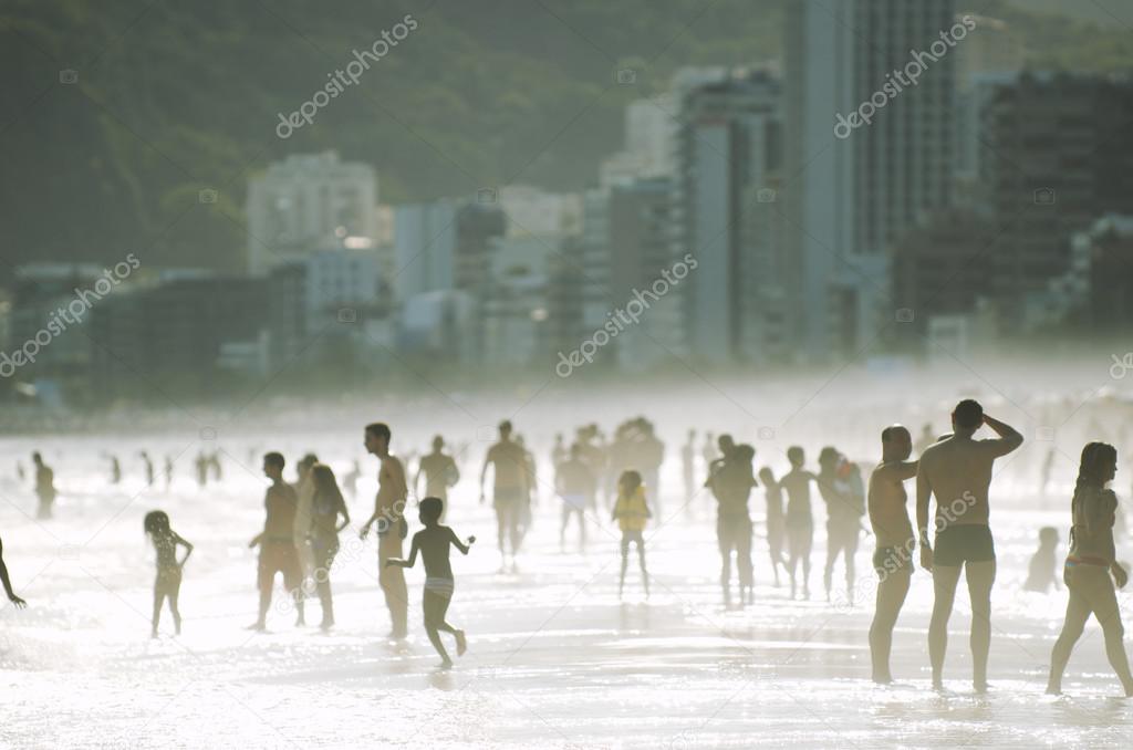 Silhouettes of Carioca Brazilians Standing Ipanema Beach Sunset