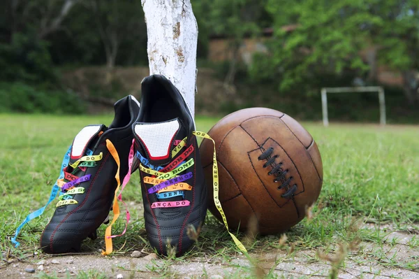 Good Luck Soccer Football Boots Brazilian Wish Ribbons Pitch — Stockfoto