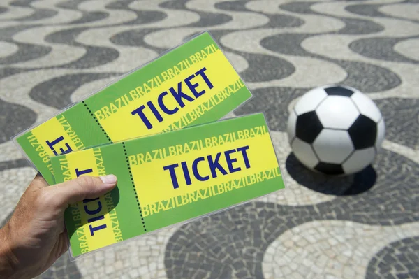 Hand Holding Brazil Tickets w Football Copacabana Rio Brazil — Stok Foto