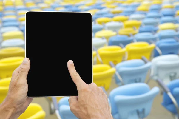 Hands Using Tablet Football Stadium — Zdjęcie stockowe
