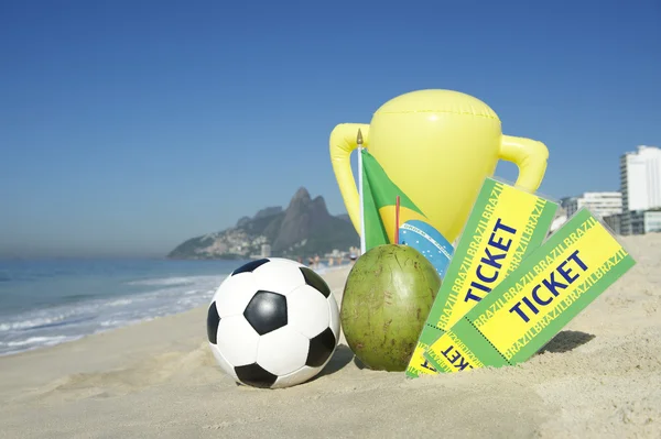 Brazil Tickets Trophy Football Coconut Flag on the Beach — ストック写真
