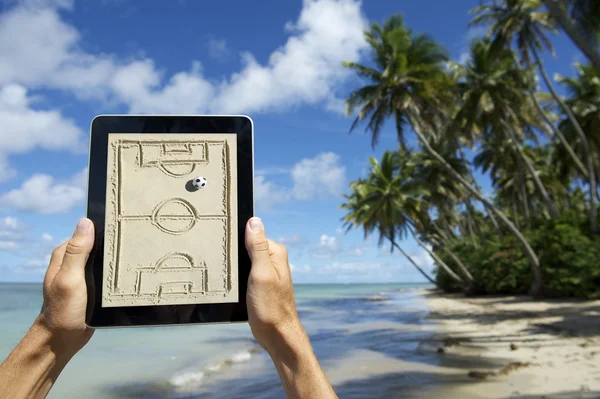 Hands Holding Tactics Board on the Beach Bahia Brazil — Stok Foto