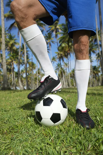 Бразильский футболист, стоящий с футбольным мячом пальмы — стоковое фото