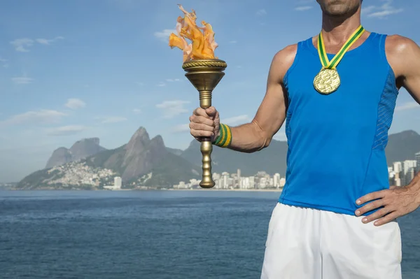 Medalha de Ouro Atleta Segurando Esporte Tocha Rio de Janeiro — Fotografia de Stock