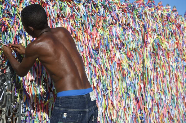 Brazilian Worker in front of Brazilian Wish Ribbons — Stock Photo, Image