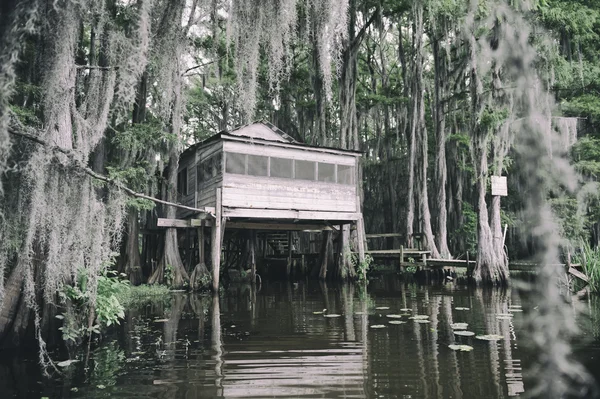 Scène de cabane dans le marais Bayou avec mousse espagnole — Photo