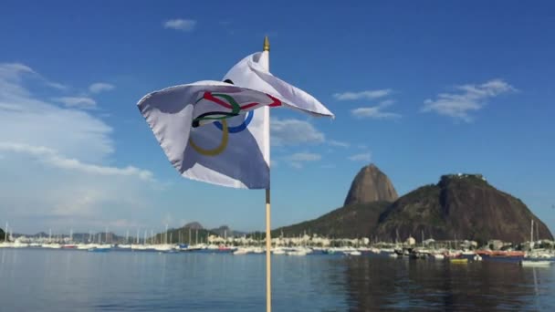 Олімпійський прапор махав Ріо-де-Жанейро — стокове відео