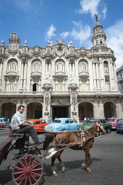 Pferd und buggy mit amerikanischen autos havana cuba — Stockfoto