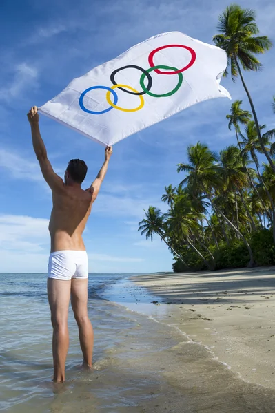 Athlete Holding Olympic Flag Brazilian Beach — Stok Foto