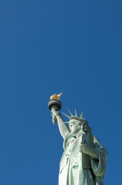 Portrait of the Statue of Liberty against Bright Blue Sky