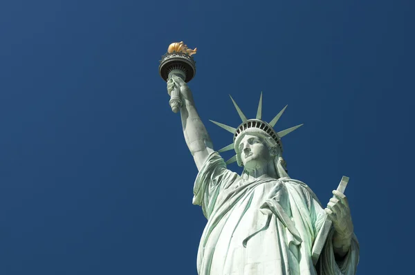 Portrait of the Statue of Liberty against Bright Blue Sky