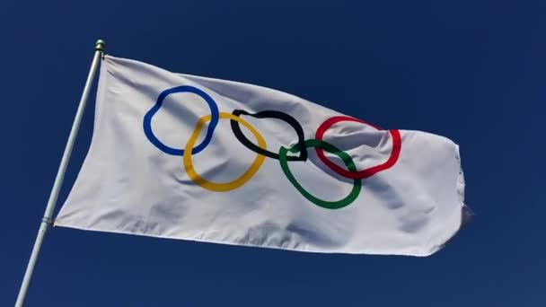 Olympic Flag Fluttering in Bright Blue Sky — Stock Video